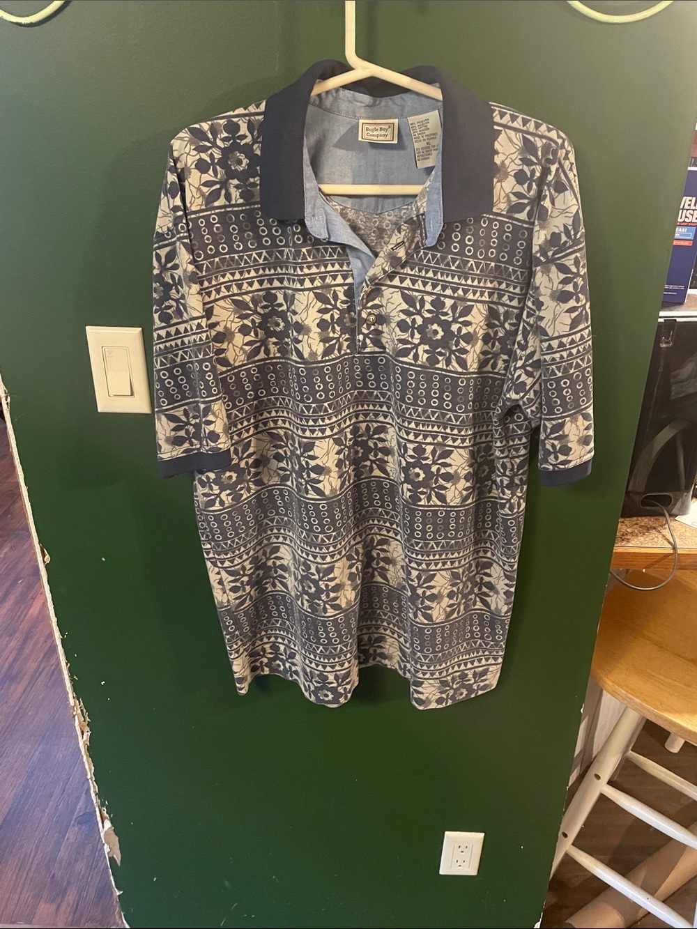 Vintage 90’s Bugle Boy Navy and White Patterned Polo Geometric Print Size XL